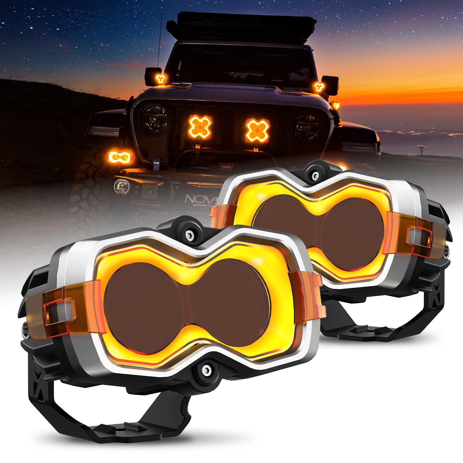 2x NOVSIGHT 4.5 Inch LED Pods Lights Spot Beam with Amber/White DRL Offroad Lamp