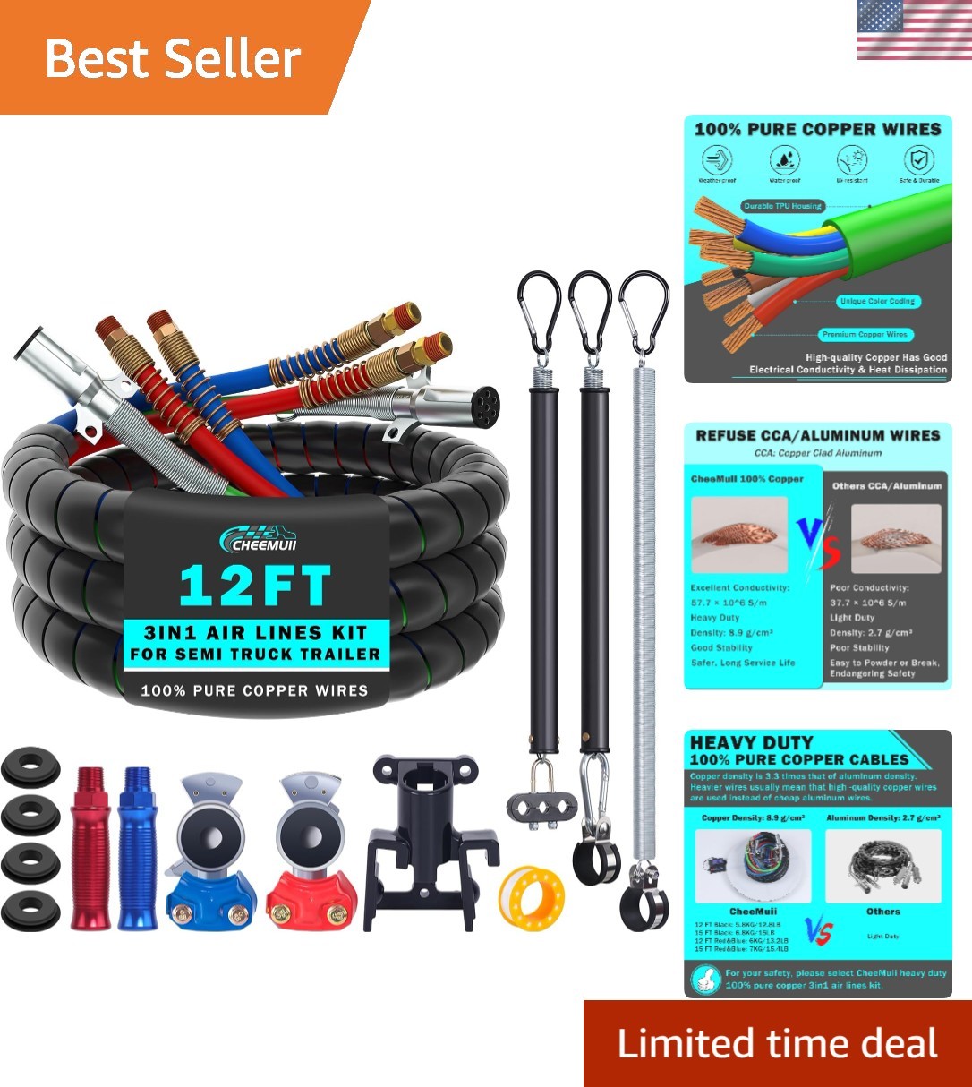 12FT Semi Truck Air Lines Kit 3-in-1 Air Hoses for Truck Trailer | 12FT 7 Way... 12FT Semi Truck Air Lines Kit 3-in-1 Air Hoses for Truck Trailer | 12FT 7 Way...