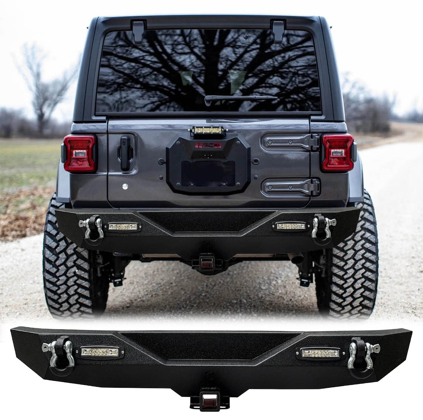 Fit 2018-2023 Jeep Wrangler JL Rear Bumper Texture Black with 2*18W LED Lights