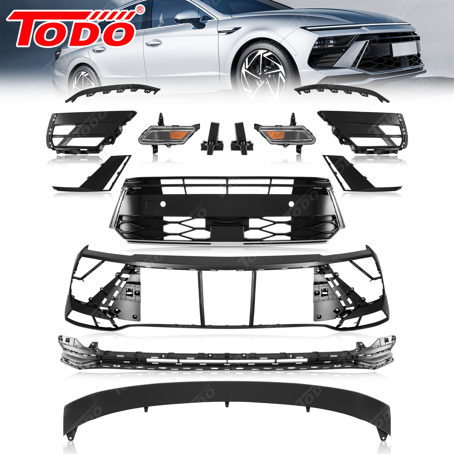 Front Bumper Grille Complete Kit For 2024-2025 Hyundai Sonata With Radar Hole