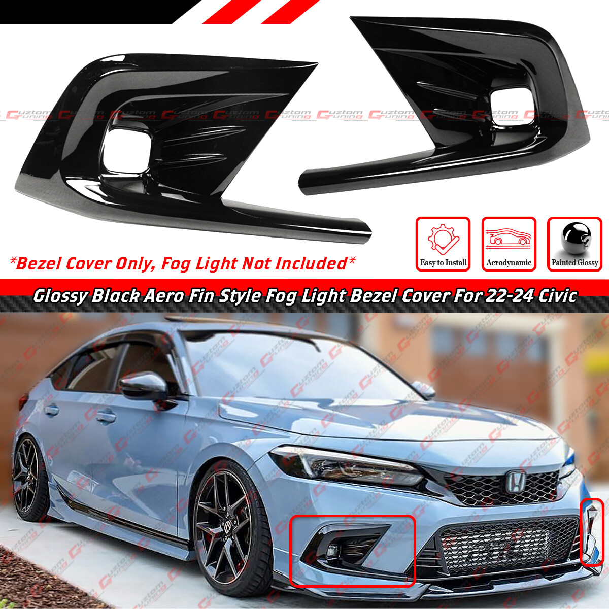 For 22-24 Honda Civic Aero Fin Style Gloss Black Fog Light Lamp Bezel Cover Kit For 22-24 Honda Civic Aero Fin Style Gloss Black Fog Light Lamp Bezel Cover Kit