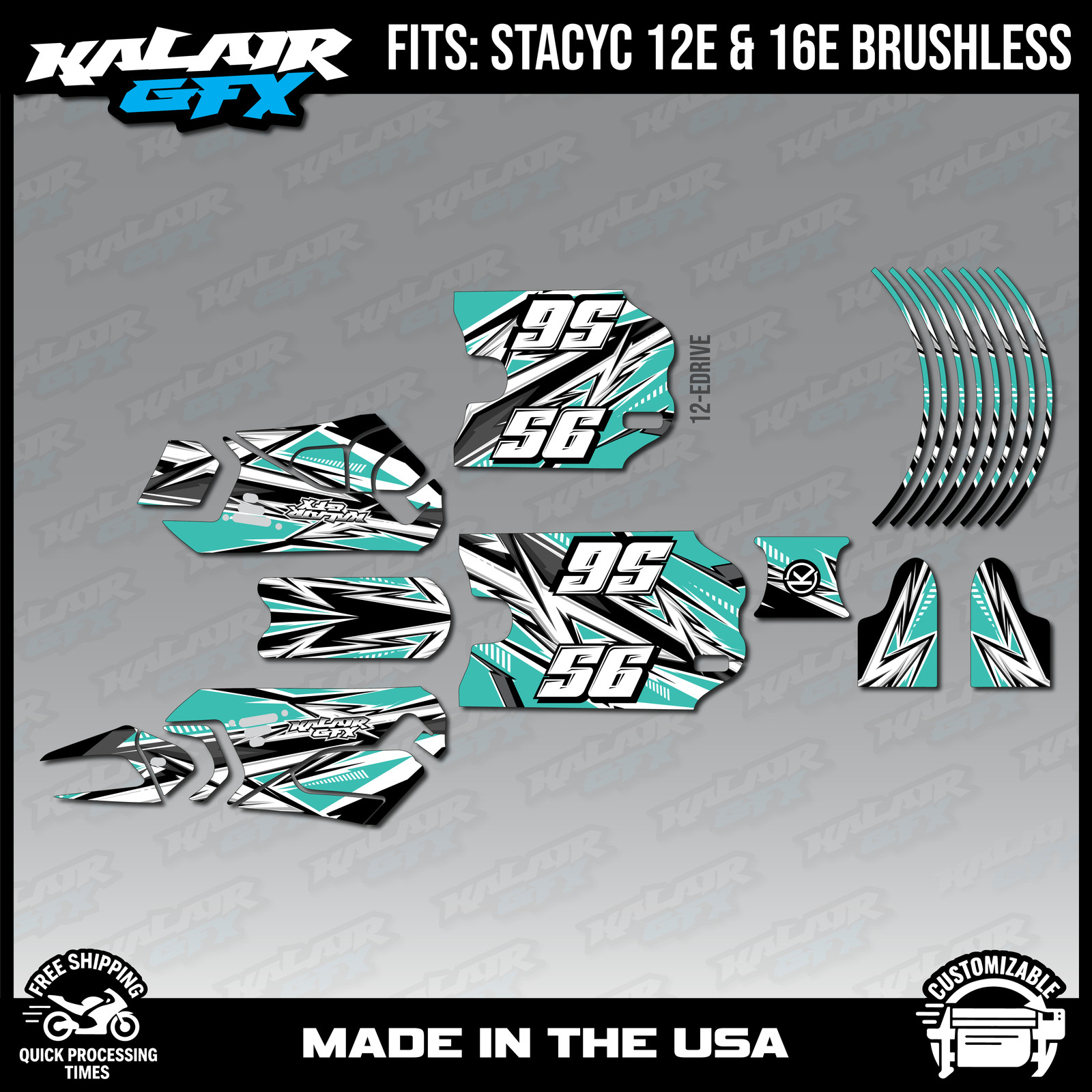 Graphics Kit for STACYC Electric 16E/12E Brushless all years Shred-TEAL