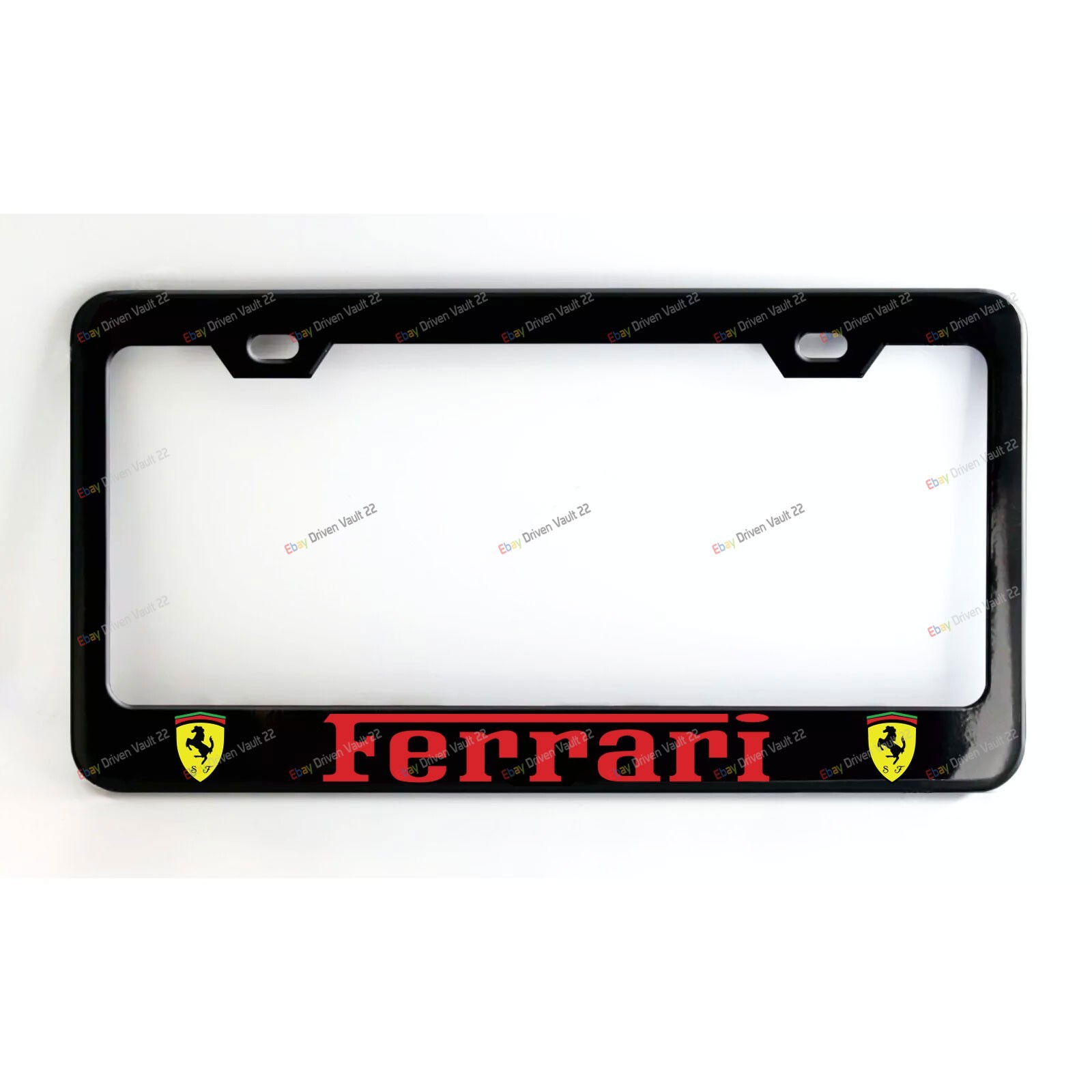 FERRARI Black Custom Made Metal License Plate Frame Screw Caps  Red  graphics