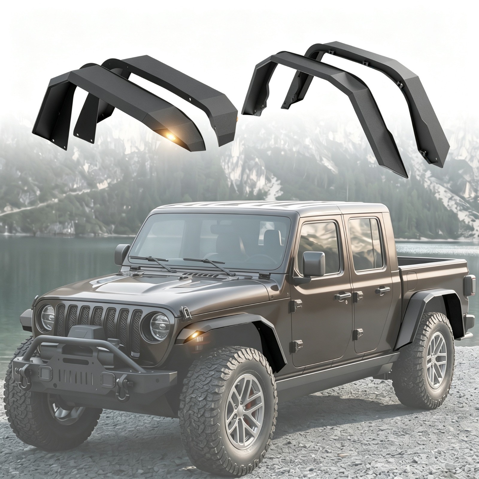 For 2020-2026 Jeep Gladiator JT Flat Steel Fender Flares Front Rear 5.9” w/LEDs 
