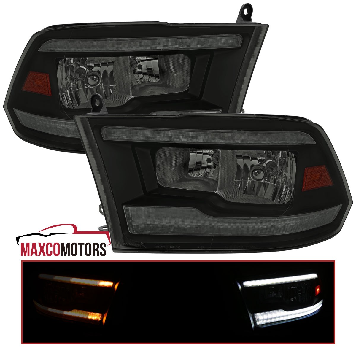 Fits 2009-2018 Dodge Ram 1500 2500 3500 Smoke Headlights LED Strip Switchback