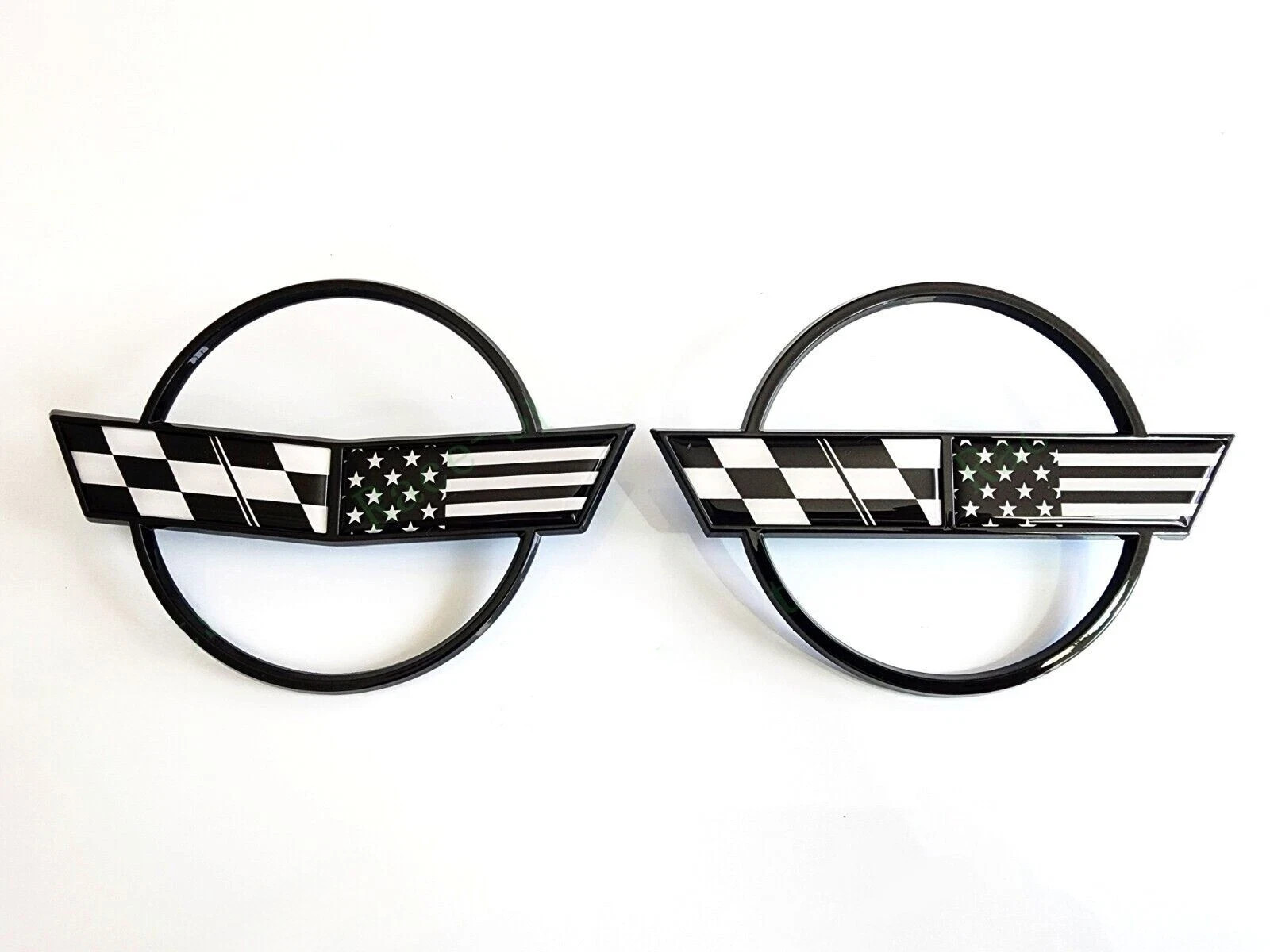 Pair Black US Flag 84-96 C4 Front Nose and Rear Gas Lid Emblems Badges