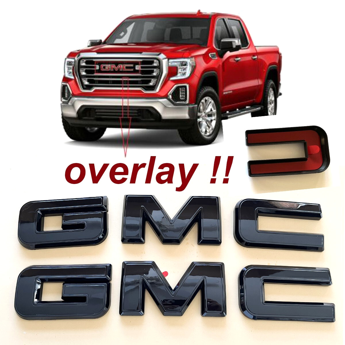 2019-2026 GMC Sierra 1500 2500 3500HD Front & Rear Gloss Black OVERLAY Emblems 2019-2026 GMC Sierra 1500 2500 3500HD Front & Rear Gloss Black OVERLAY Emblems