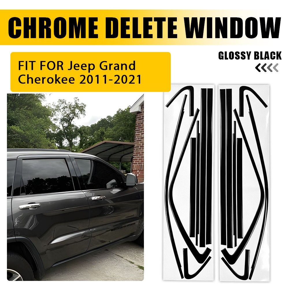 1Set Glossy Black Chrome Delete Window Overlay for Jeep Grand Cherokee 2011-2021