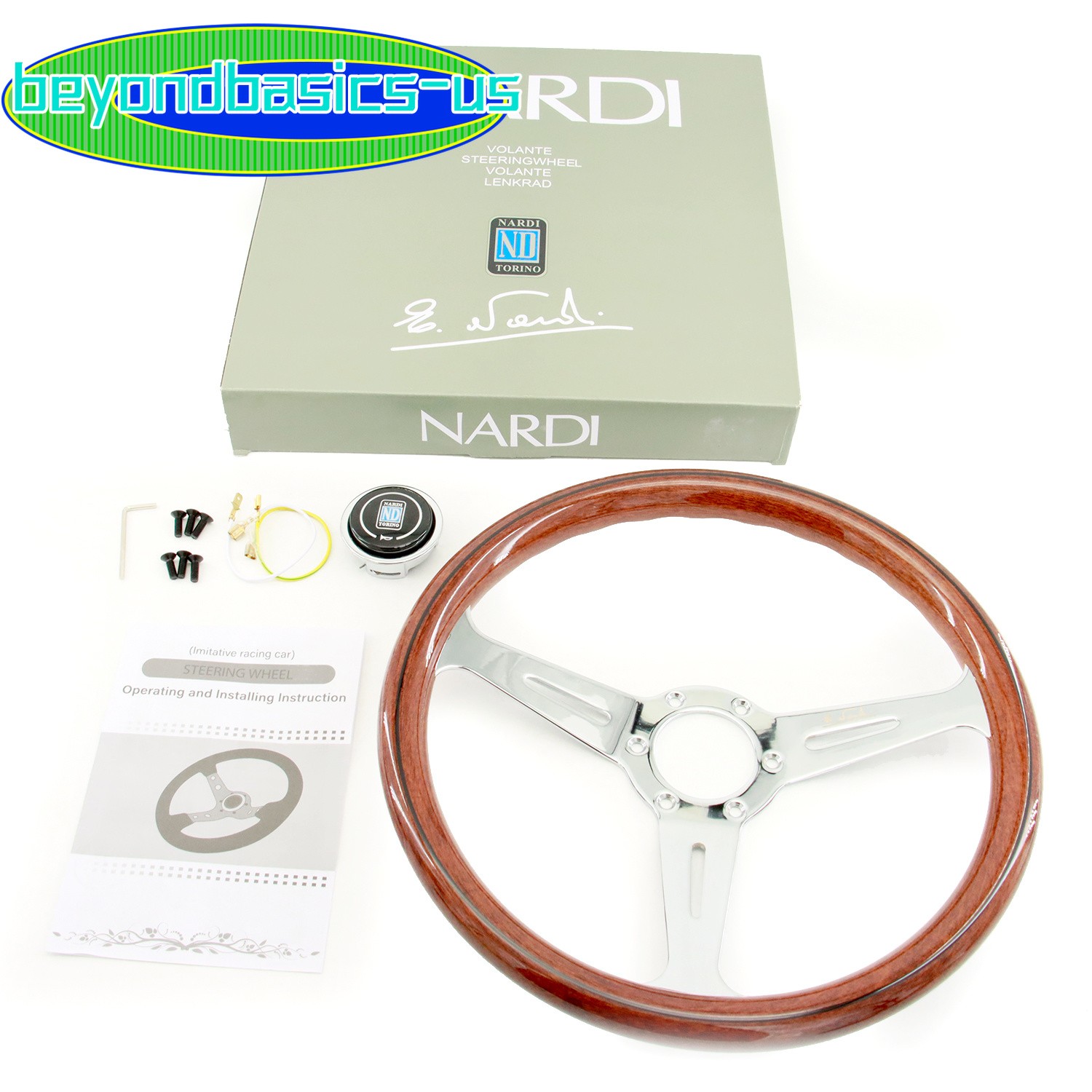 NARDI Classic 360mm Mahogany Steering Wheel Silver Chrome Finish USA