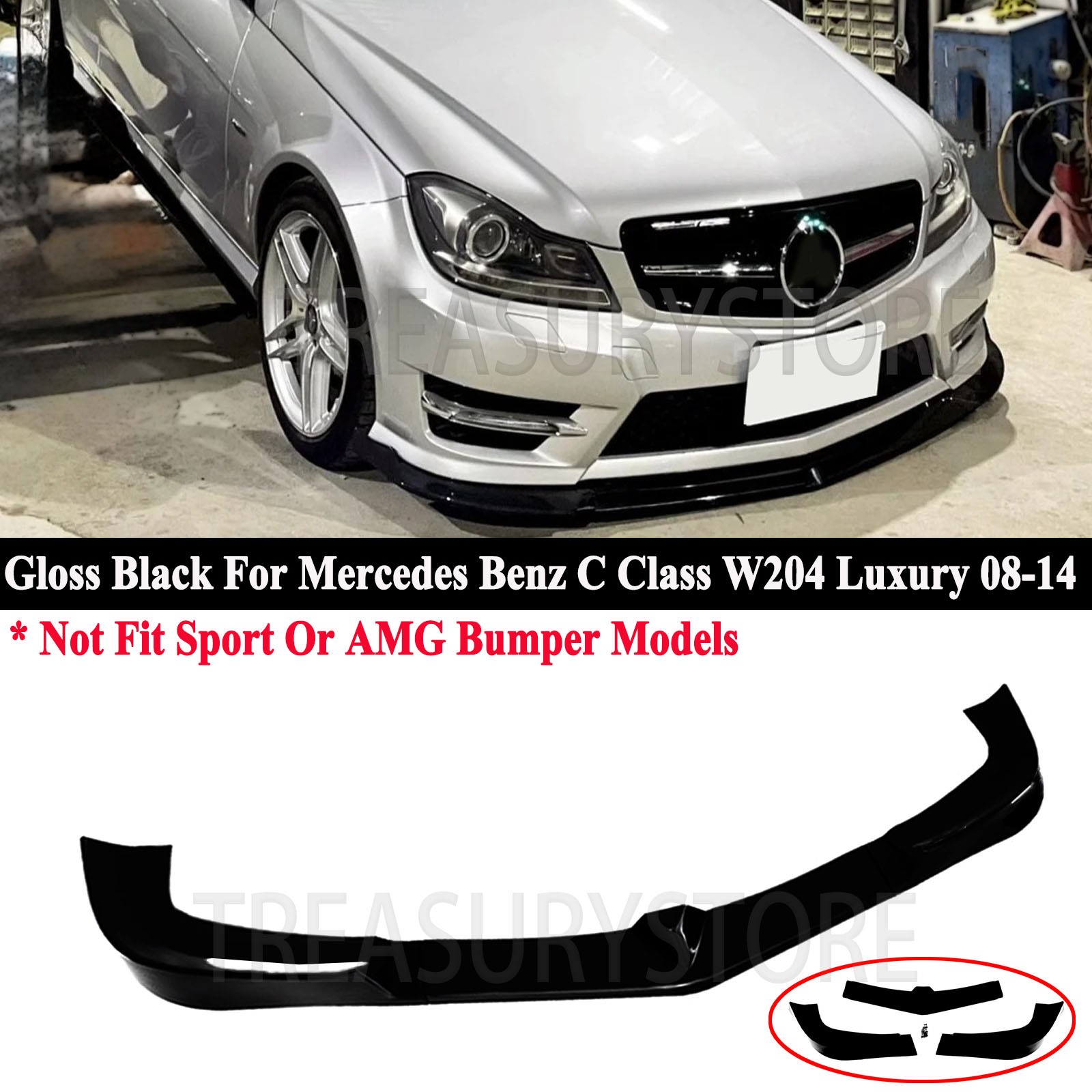 For Mercedes Benz C Class W204 008-2014 Glossy Black Front Bumper Lip Splitter