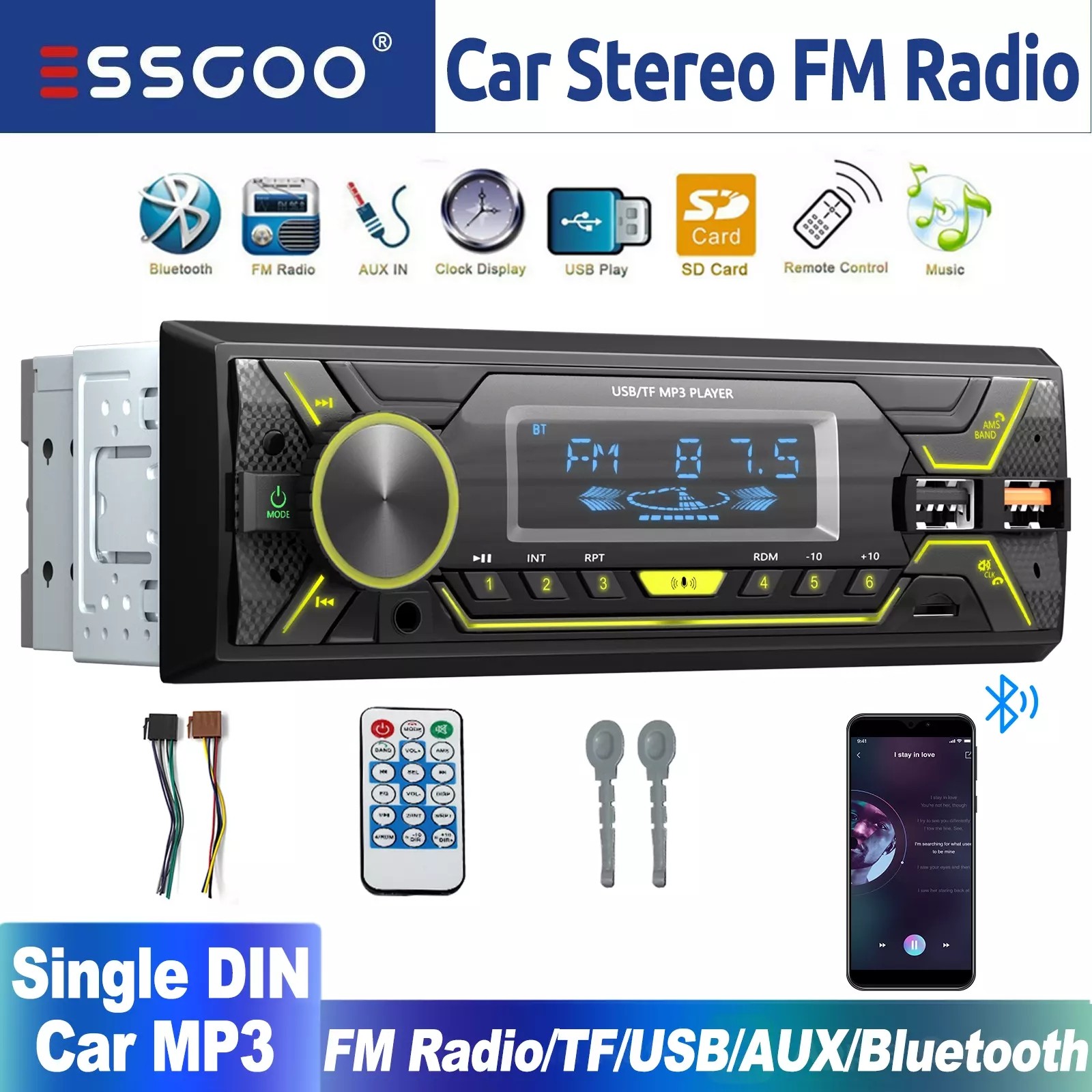 ESSGOO Car Radio Stereo 1DIN Bluetooth Stereo MP3 Player USB/TF/FM/AUX Head Unit