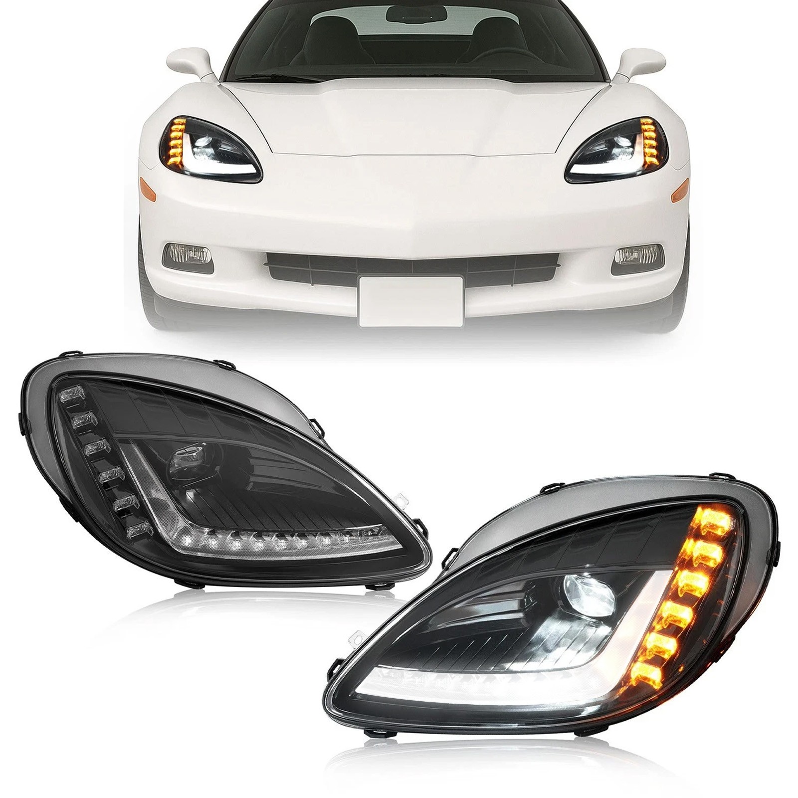 For 05-13 Chevy Corvette C6 LED Sequential Projector Headlights Left&Right Side