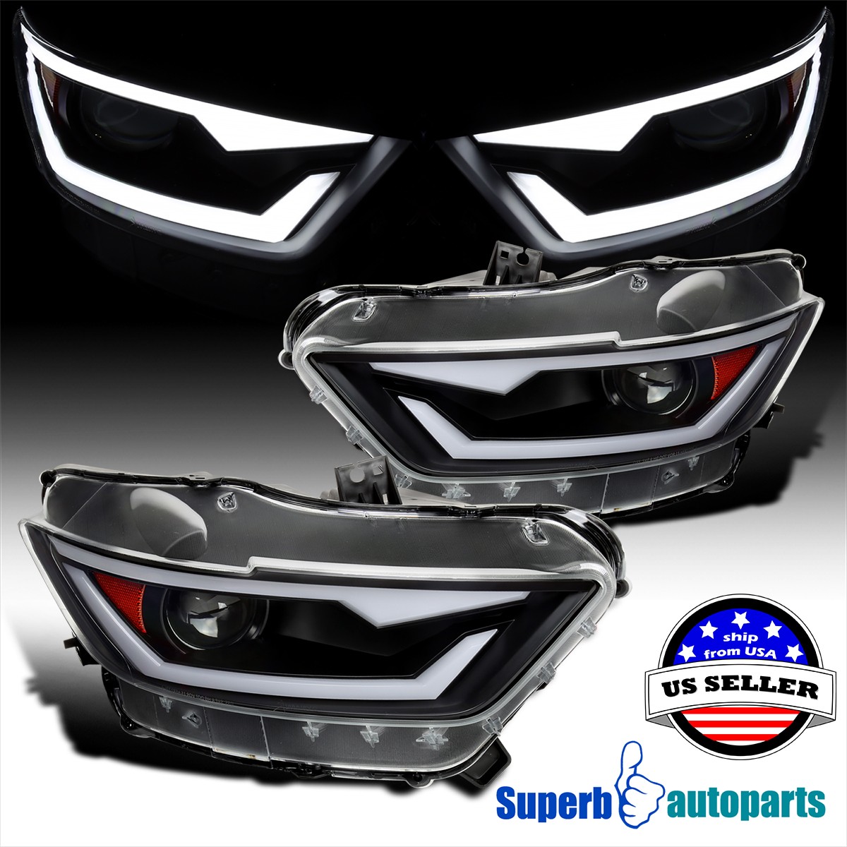 Fits 2015-2022 Ford Mustang HID Xenon Dynamic LED Black Projector Headlights Fits 2015-2022 Ford Mustang HID Xenon Dynamic LED Black Projector Headlights