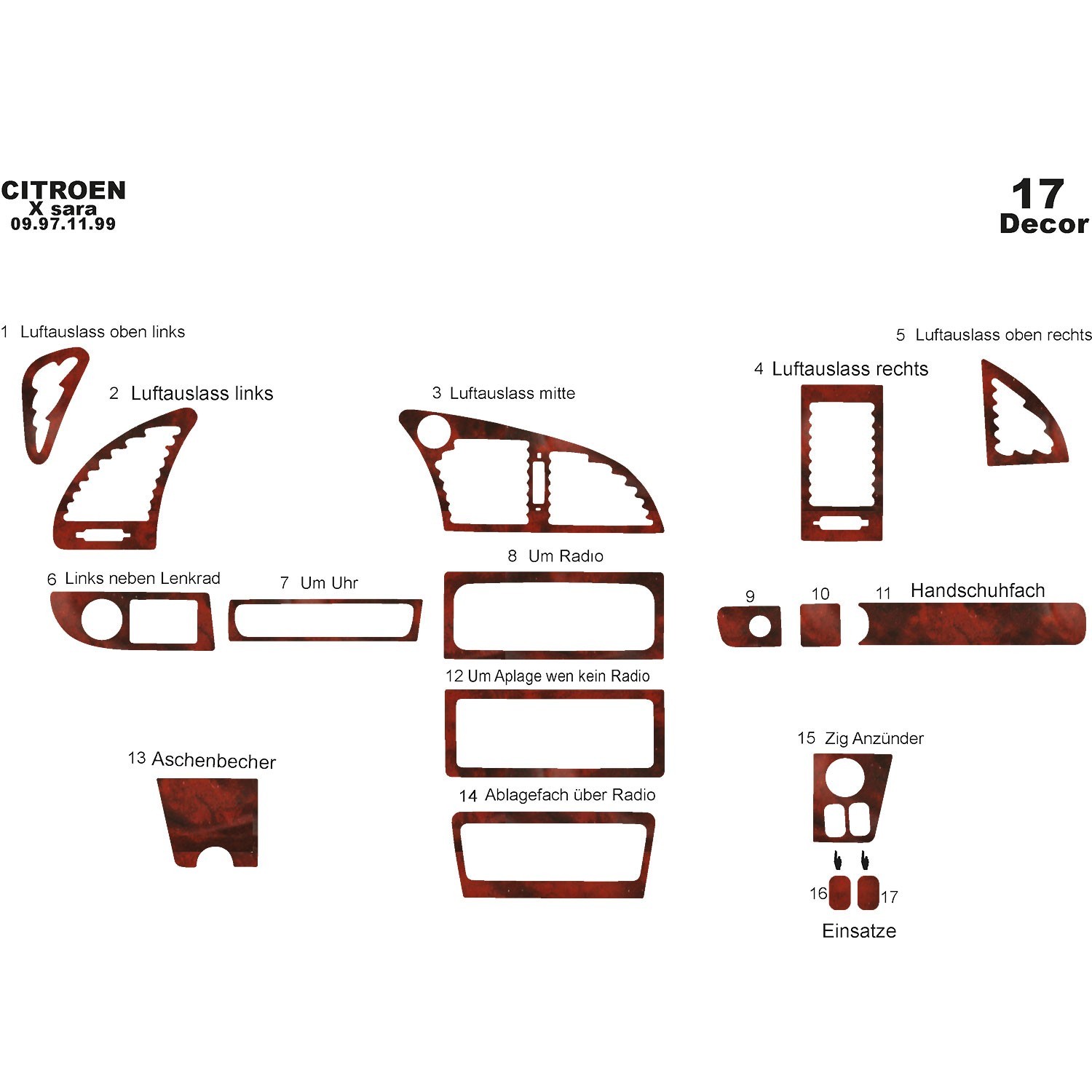 Wood Look Dash Trim Kit for Citroen Xsara 1997-1999 Auto Interior Panel Kit
