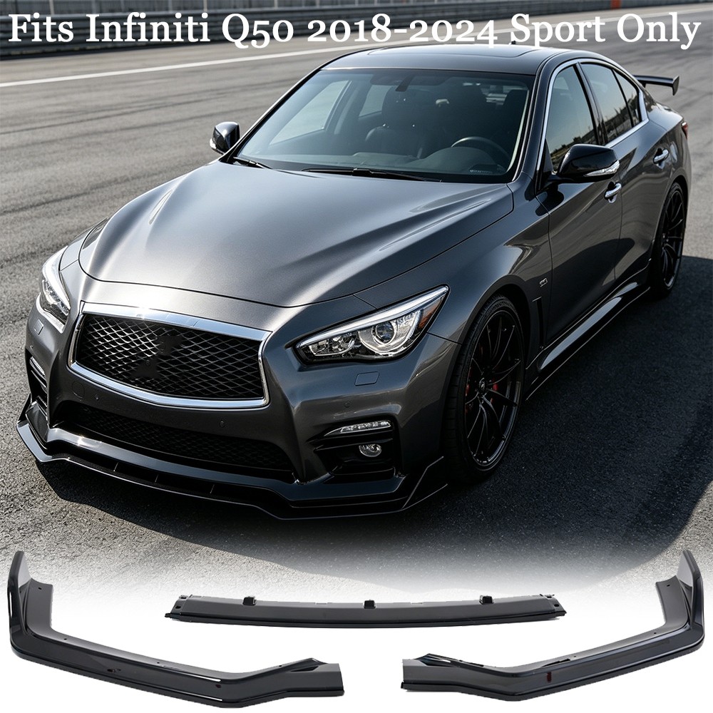 Black Front Bumper Lip Chin Splitter For Infiniti Q50 2018-2024 Sport Only 3PCS