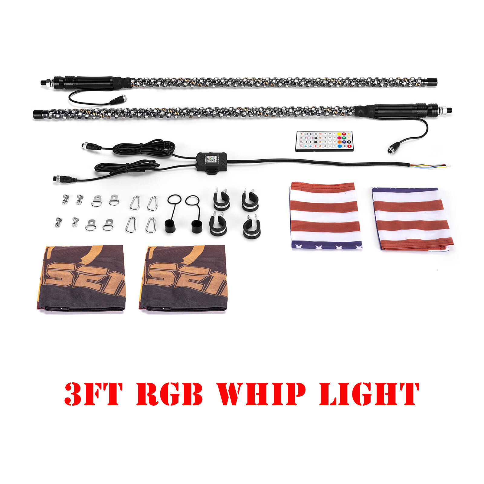 Pair 3ft/4ft RGB Bluetooth LED Spiral Whip Lights Antenna Chase for UTV ATV RZR