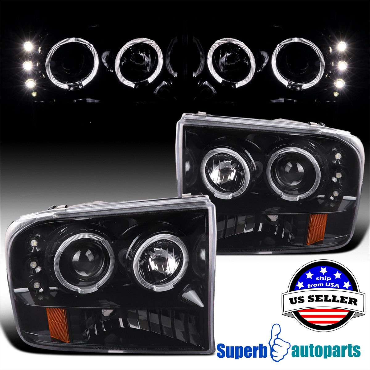 Fits 99-04 Ford F250 F350 Super Duty Polished Black Halo Projector Headlight Fits 99-04 Ford F250 F350 Super Duty Polished Black Halo Projector Headlight