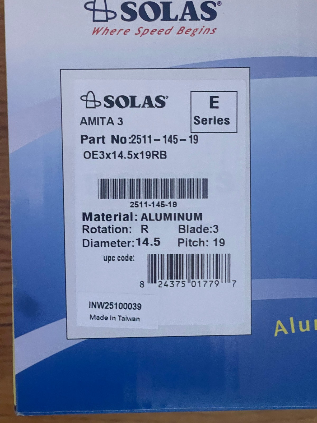 Solas propeller Amita 3 2511-145-19 - ****USED ONCE**** Solas propeller Amita 3 2511-145-19 - ****USED ONCE****
