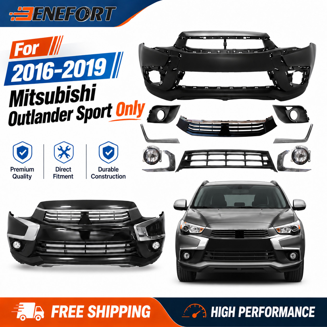 For 2016-2019 Mitsubishi Outlander Sport Only Front Bumper Cover Kit W/ Fog Lamp