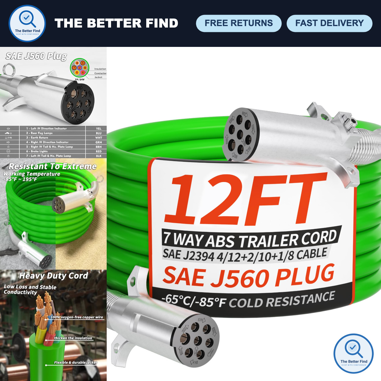 12FT 7 Way Trailer Cord for Semi Trailers - Heavy Duty 4/12+2/10+1/8 Gauge Wire