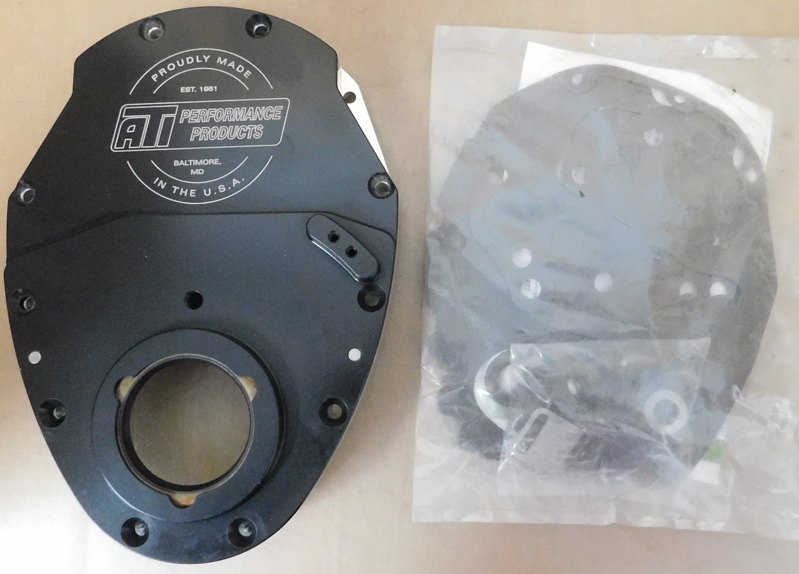 ATI NOS 2)Pc Billet Timing Cover, SB Chevy, W/Hardware & Gaskets, Aluminum,Black