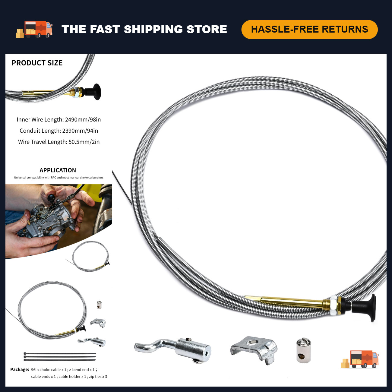 Universal 8ft Choke Cable 96 Inch Heavy Duty, Durable Replacement Part 60-122