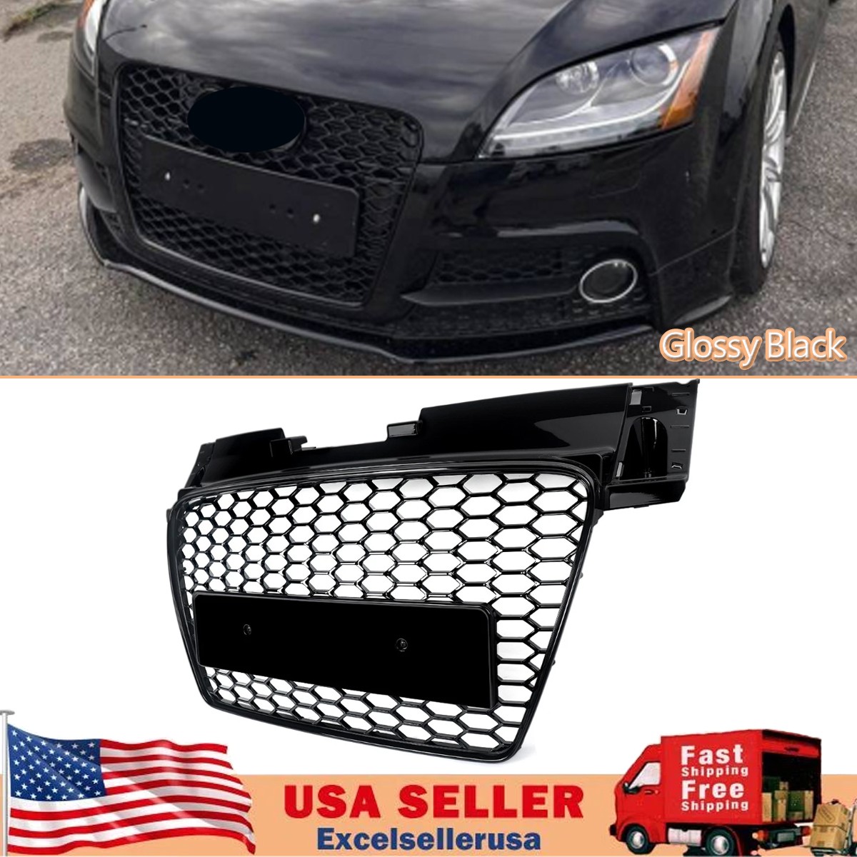 Glossy Black Front Bumper Grille For Audi TT TTS MK2 2007-2014 Honeycomb Grill