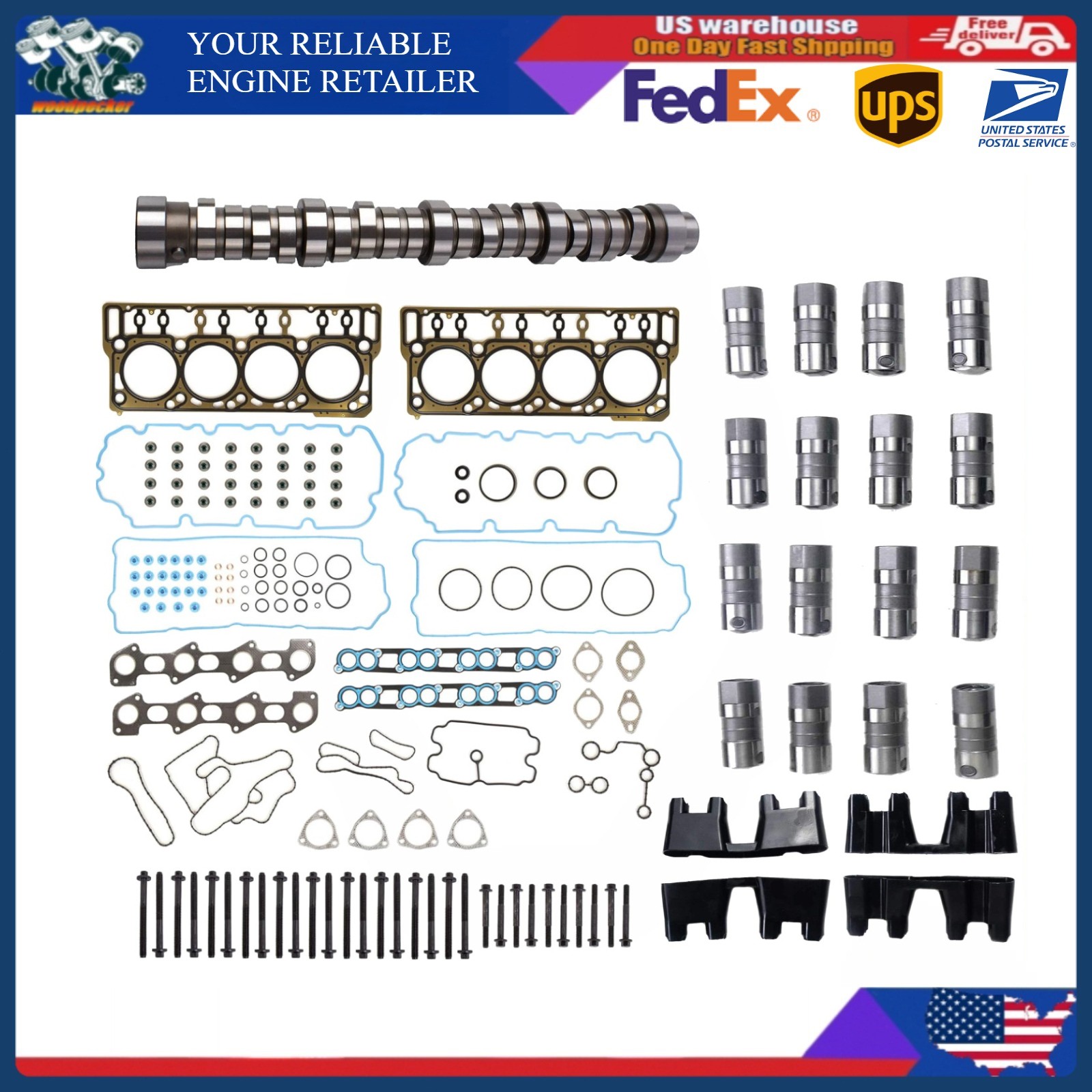 For 2008-10 Ford 6.4L Diesel OHV Camshaft Lifters Head Gasket Bolts Carrier Set