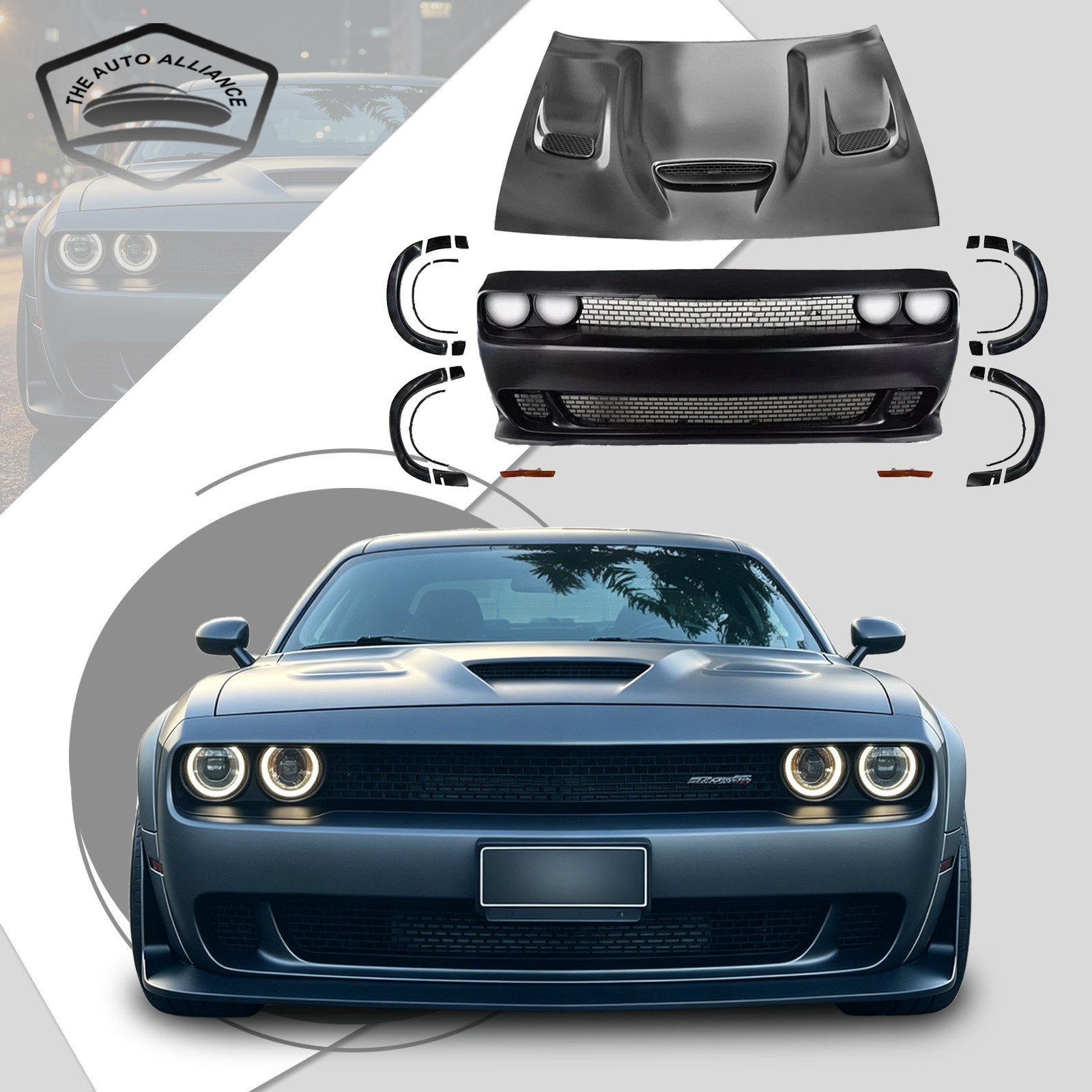 Fit 08-14 Dodge Challenger SRT Style Front Bumper Kit+Fender Flare+Aluminum Hood