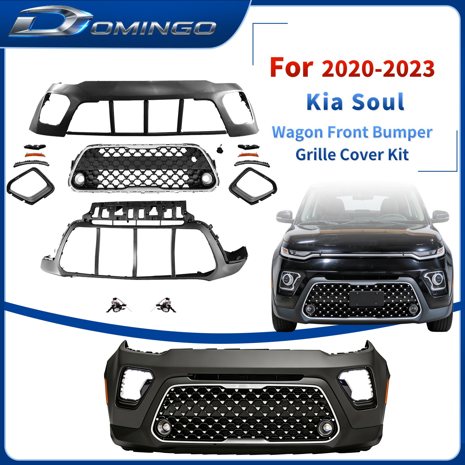 Fits 2020-2023 Kia Soul Wagon Front Bumper Grille Kit With Fog Lamps & Covers