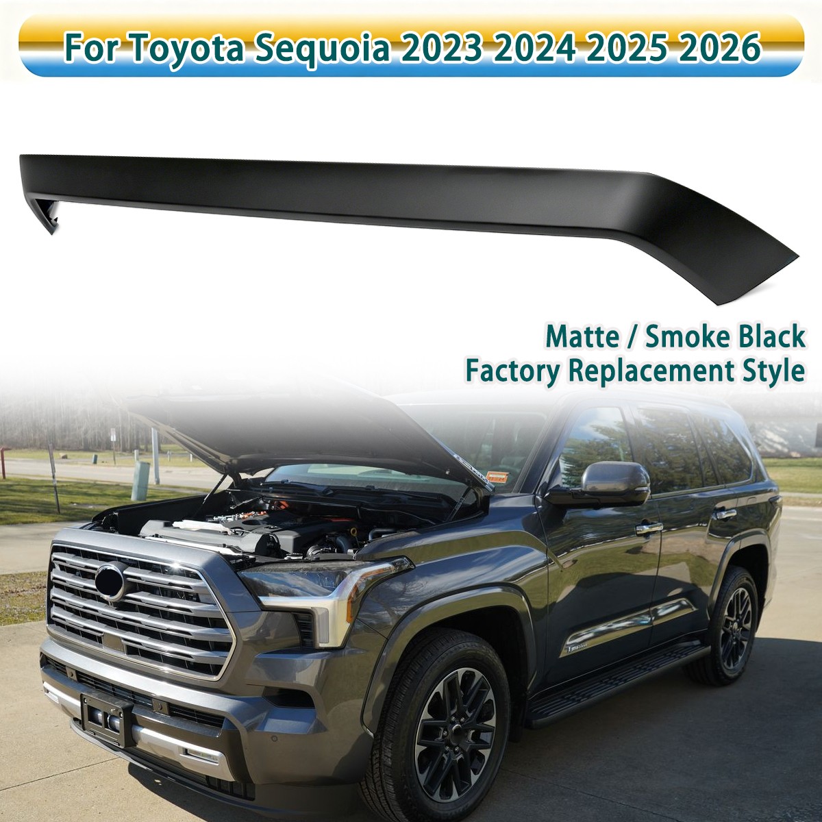 For 2023-2026 Toyota Sequoia Front Bumper Upper Grille Molding Trim Smoke Black