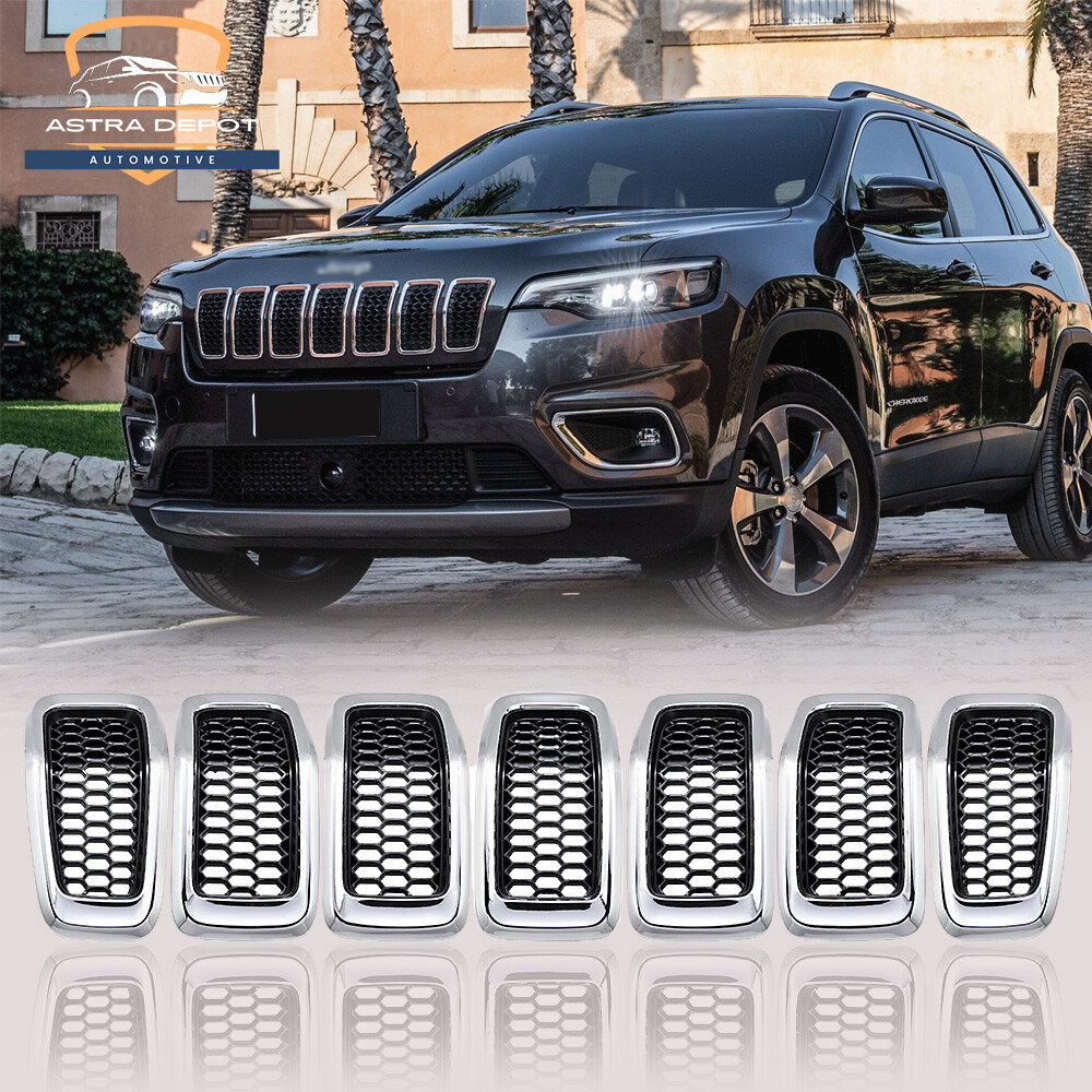 7X Black Chrome Honeycomb Mesh Grille Grill Inserts For 2014-2018 Jeep Cherokee​