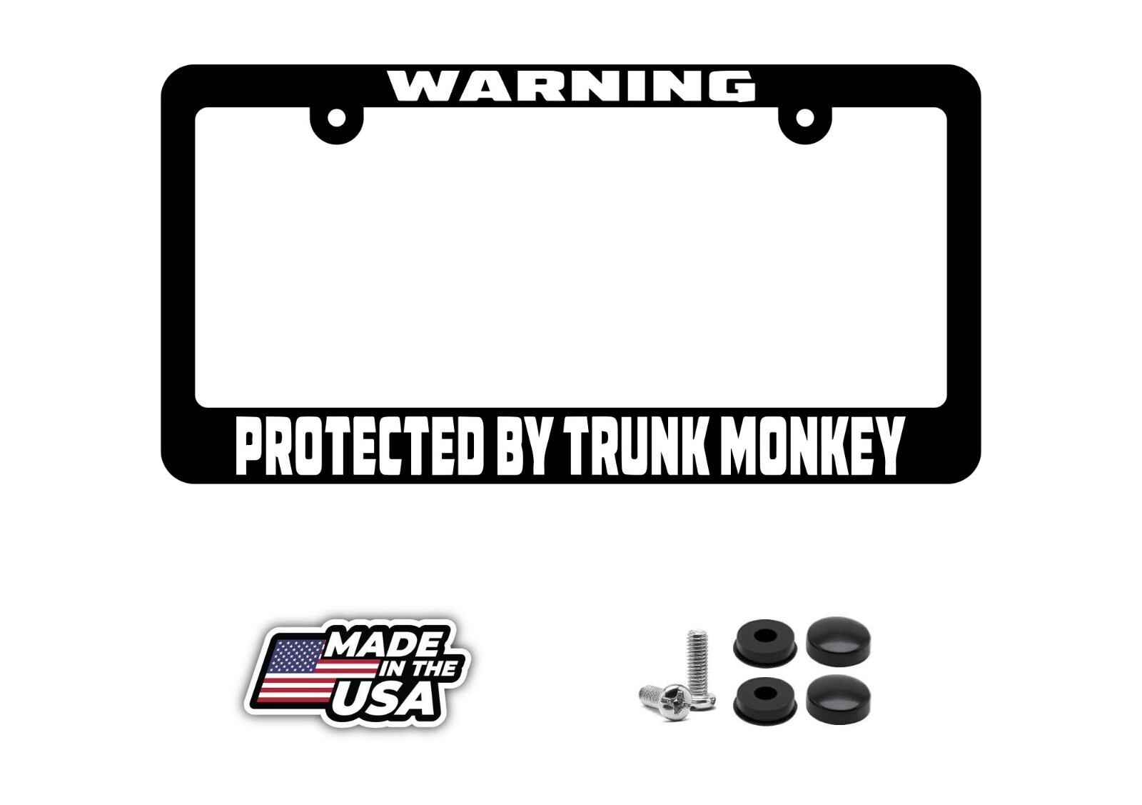 WARNING PROTECTED BY TRUNK MONKEY FUNNY LICENSE PLATE FRAME HOLDER