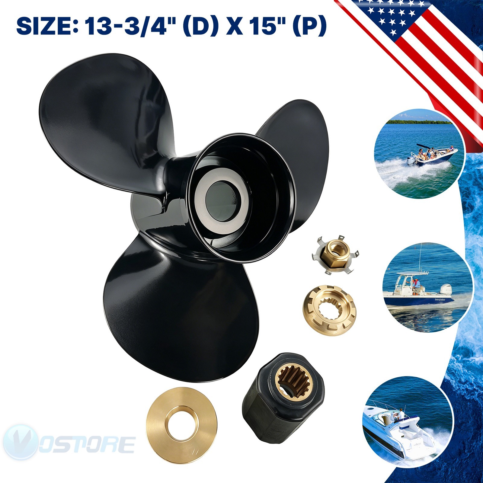 Outboard Propeller 13-3/4 x 15P For Mercury Mariner 48-77342A45, 15 Tooth, 13.75