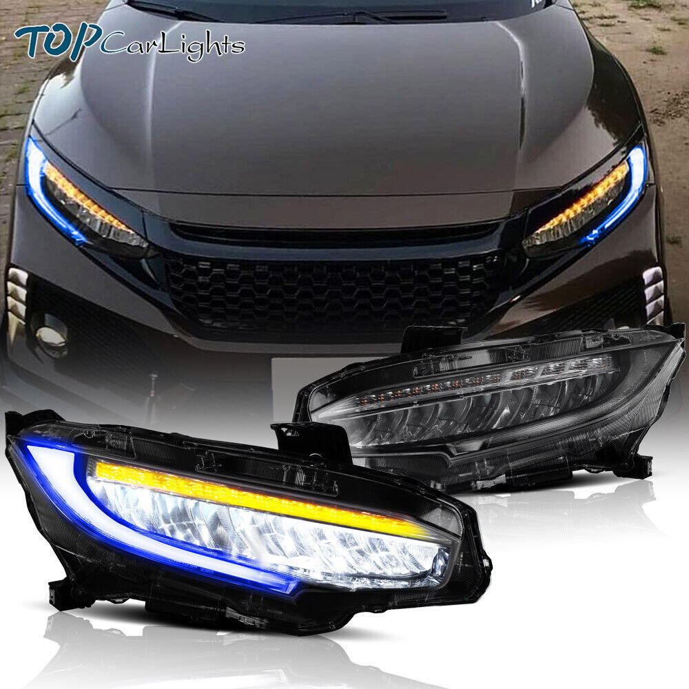 LED Headlights For 2016-2021 Honda Civic Blue DRL Sequential Signal Projector