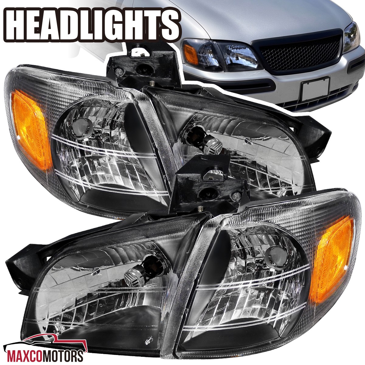 Black Headlights+Corner Lamps Fits 1997-2005 Chevy Venture Silhouette Montana Black Headlights+Corner Lamps Fits 1997-2005 Chevy Venture Silhouette Montana