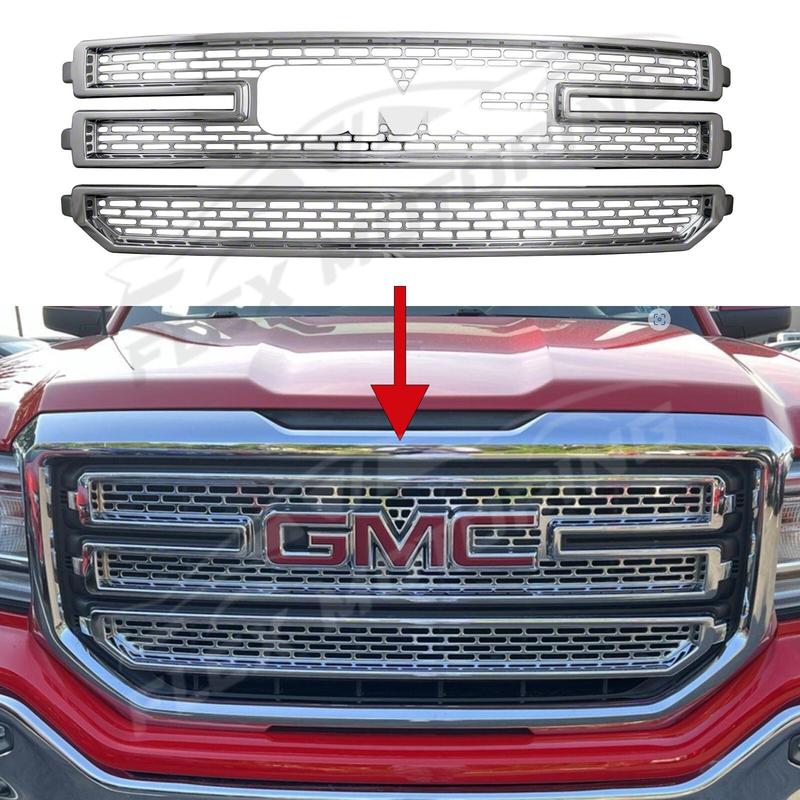 Chrome 2PC Grille Grill Insert Overlay FOR 2016-2018 GMC Sierra 1500 SLE & Base Chrome 2PC Grille Grill Insert Overlay FOR 2016-2018 GMC Sierra 1500 SLE & Base