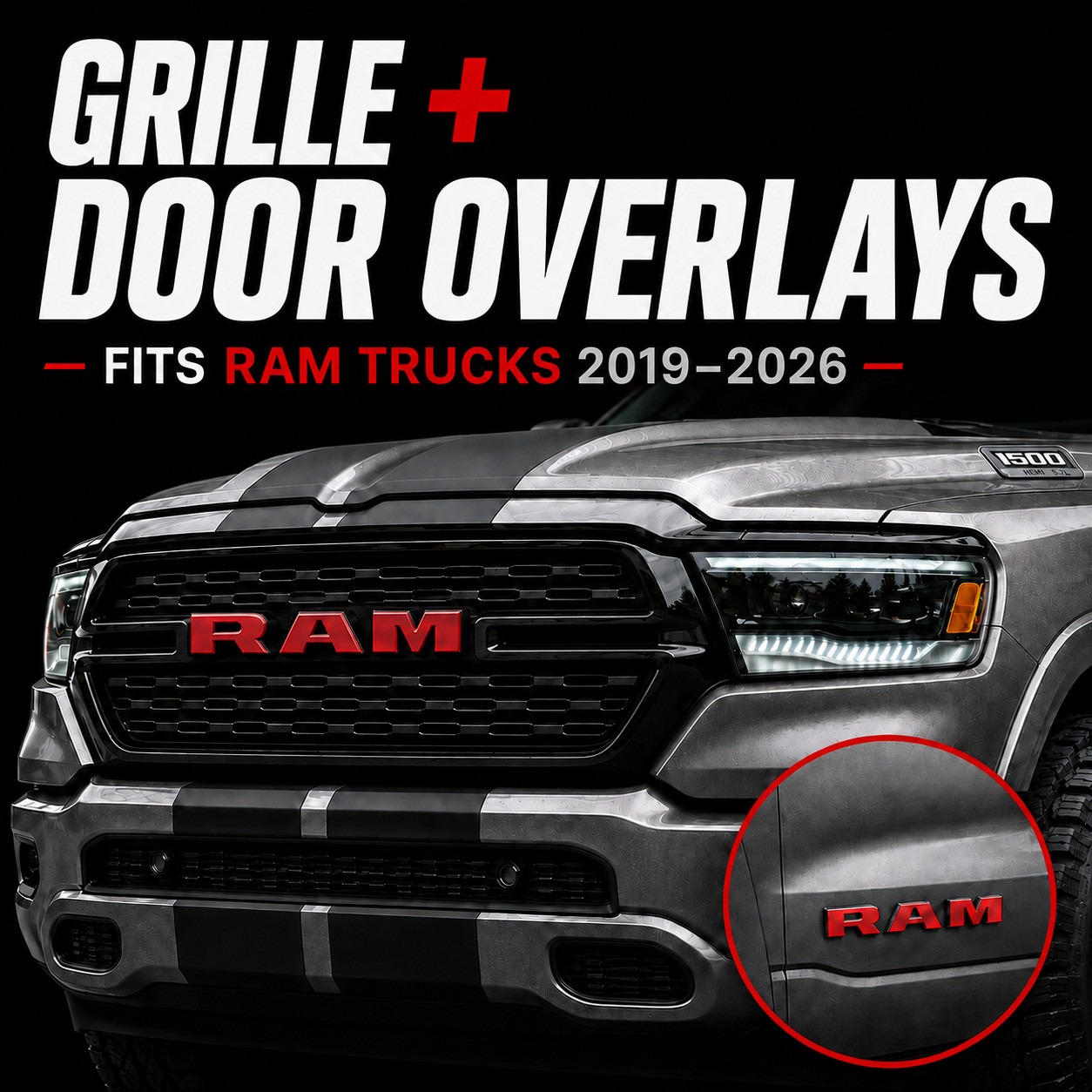 Fits 2019-2026 RAM 1500 Grille & Door Emblem Overlay Decals Vinyl Stickers