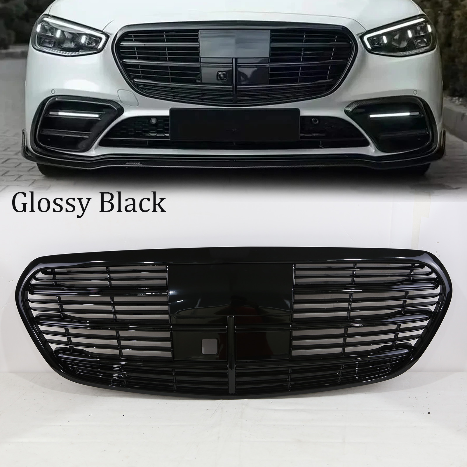 For 2021-2025 Mercedes-Benz W223 S500 S580 Front Upper Grille Glossy Black