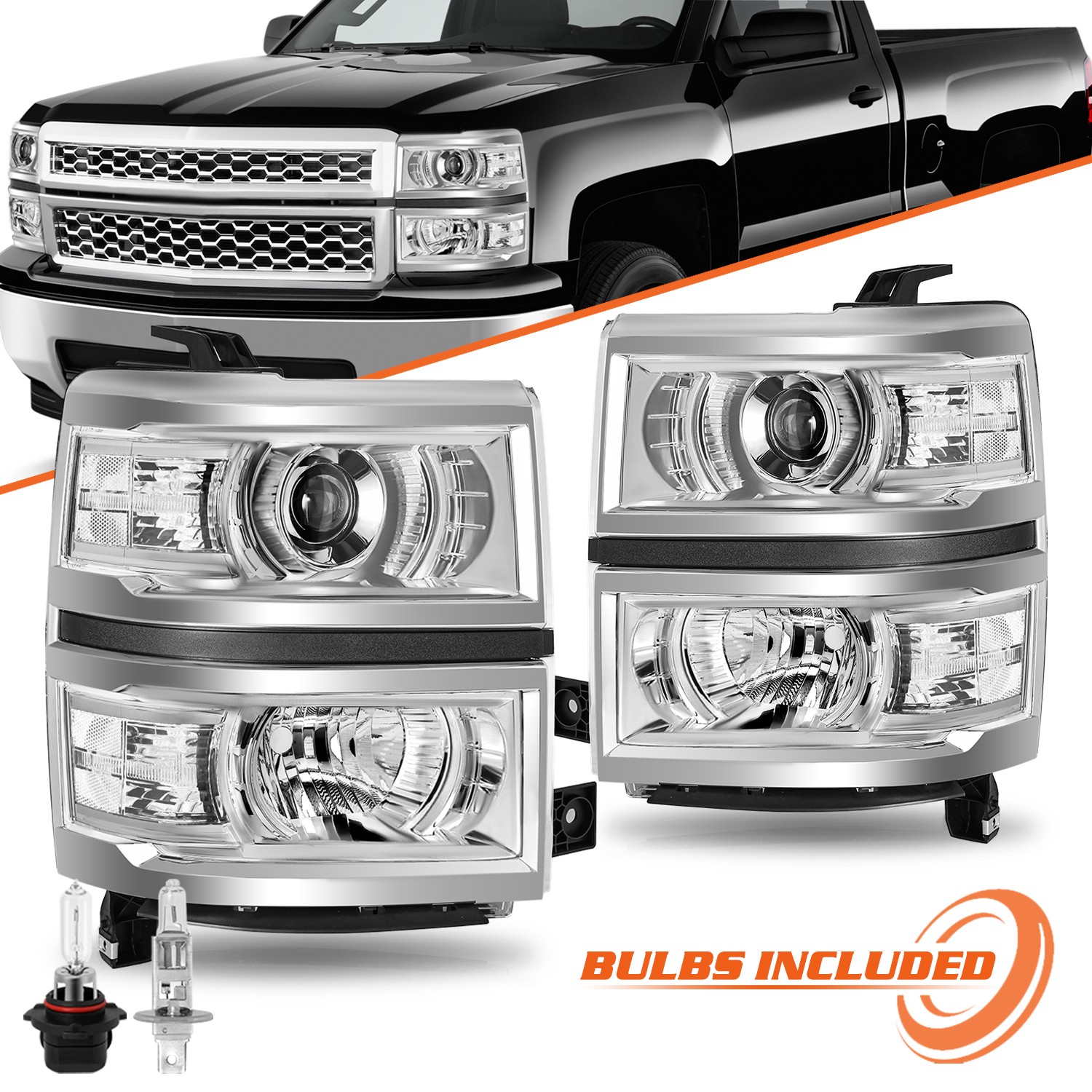 BRYGHT For 2014-2015 Chevy Silverado 1500 Chrome Projector Headlights w/Bulbs