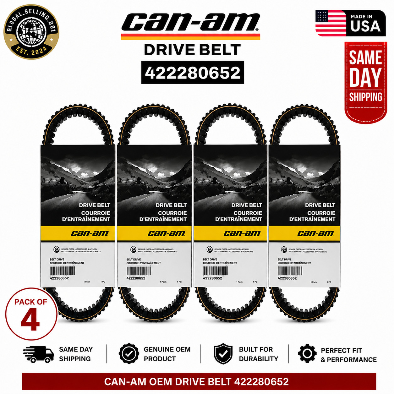 4 Pack Genuine Can-Am 422280652 OEM Clutch Drive Belts for Maverick X3 Turbo RR
