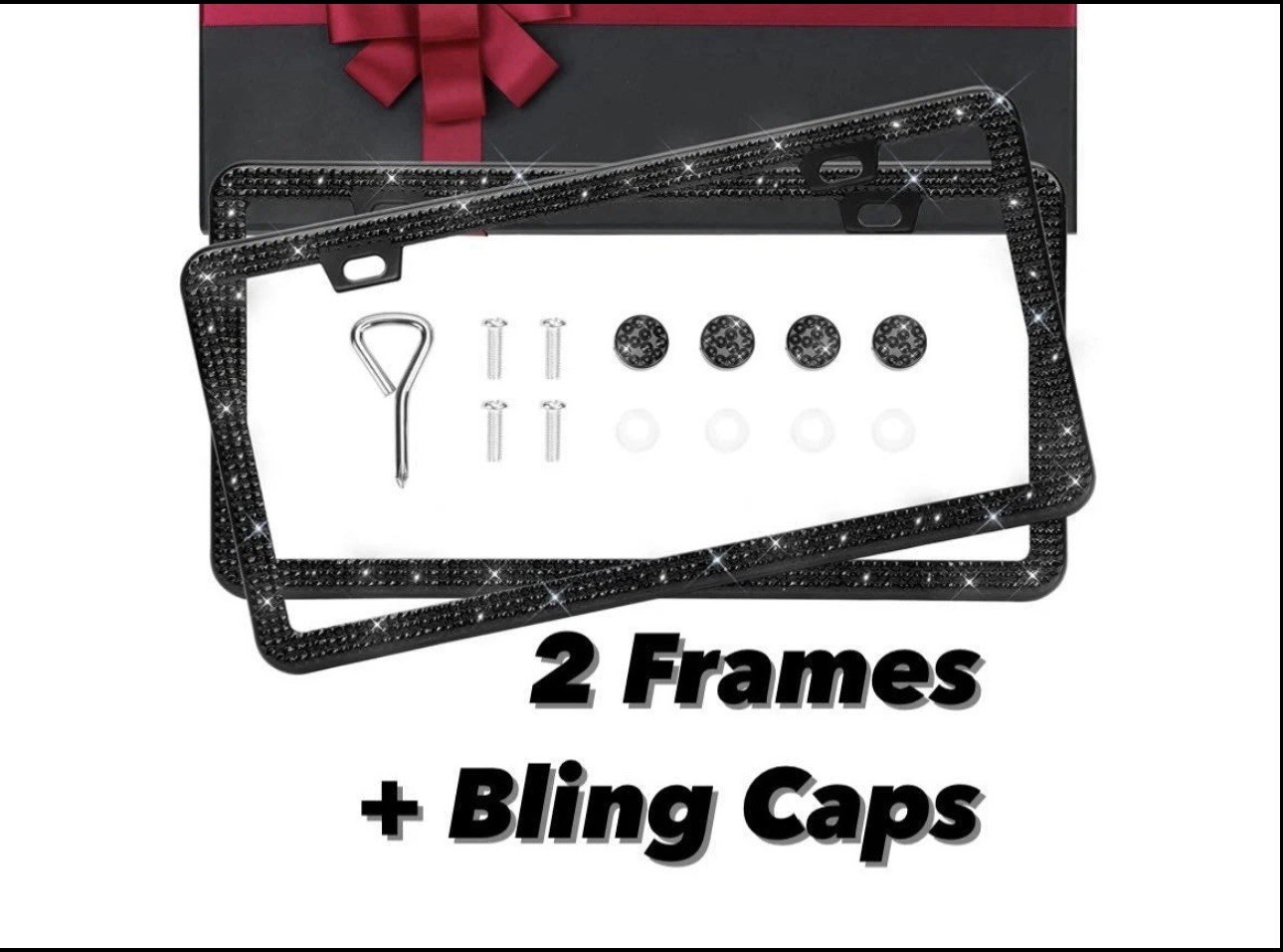 2 JET BLACK Diamond Crystal Bling License Plate Frame Caps Made with Swarovski