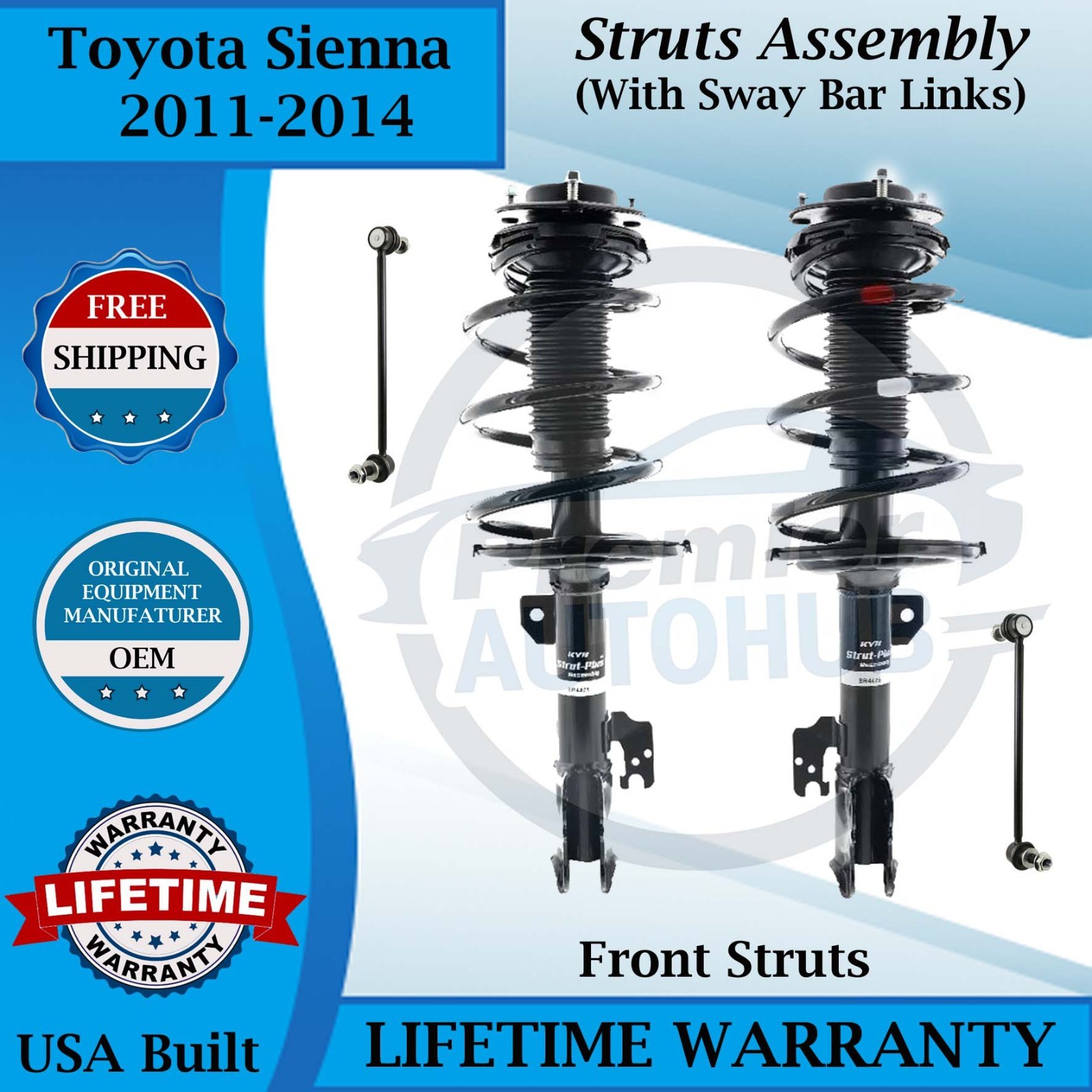 KYB OEM Front Struts W/Sway Bar For 2011-2014 Toyota Sienna Lifetime Warranty