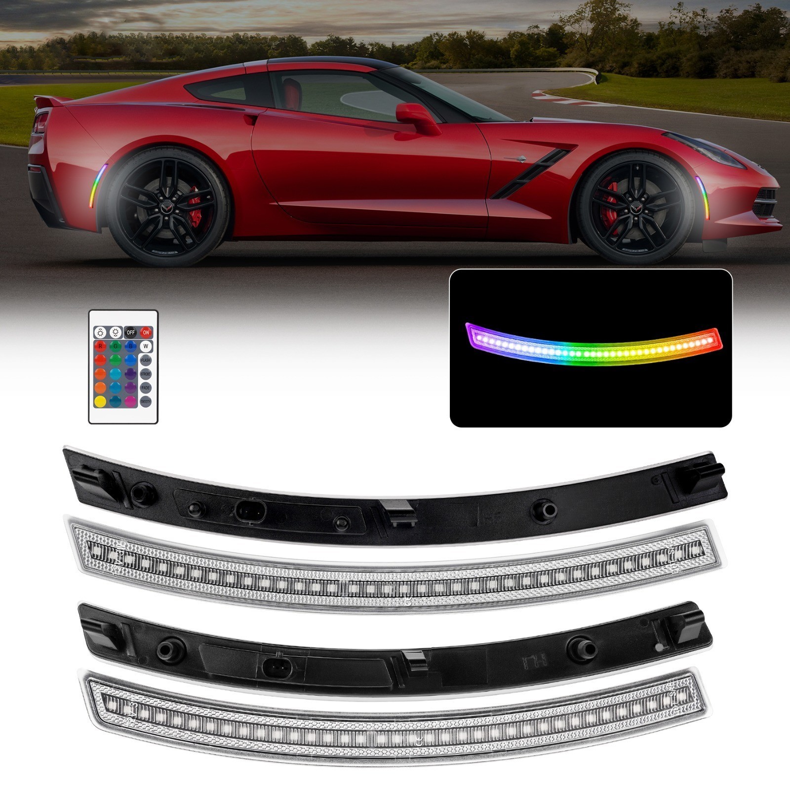 CORVETTE 14-19 C7 FRONT/REAR RGB DYNAMIC CLEAR LED SIDE MARKERS w/ REMOTE