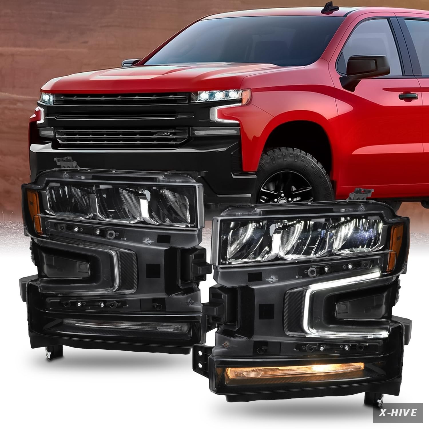 LED Model Headlight Assembly for 2019-2021 Chevy Silverado 1500 with Bulbs On
