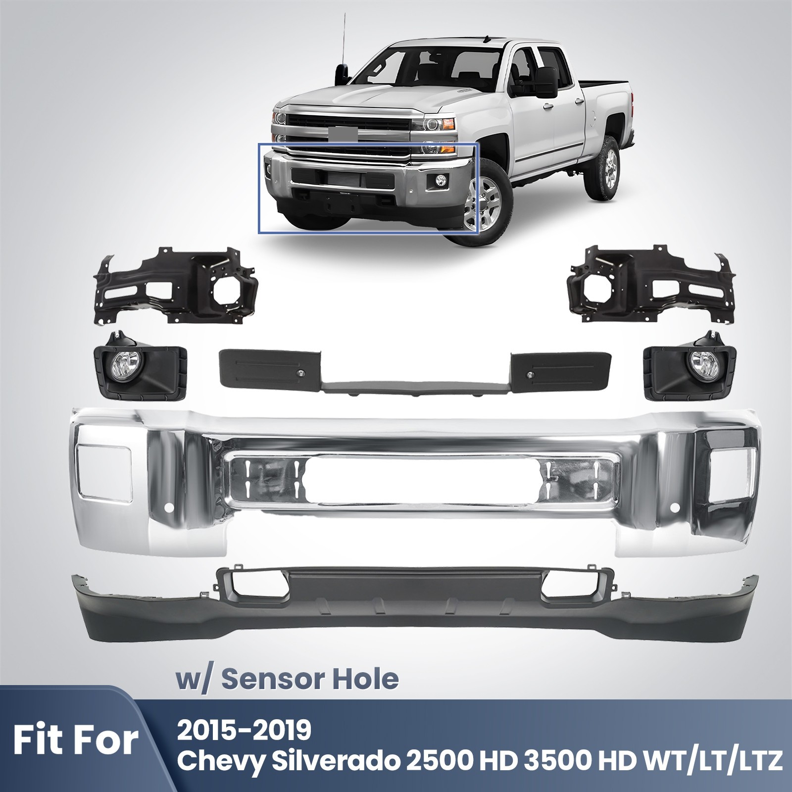 Front Bumper Cover Kit For 2015-2019 Chevy Silverado 2500HD 3500HD W/Sensor Hole