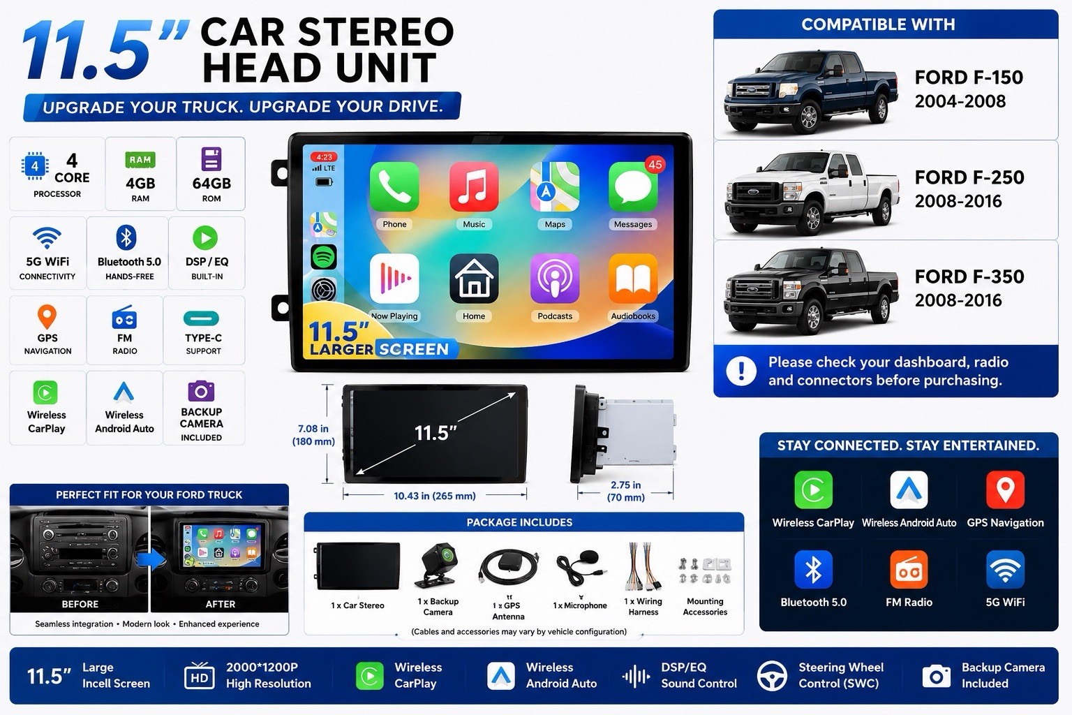 11.5” Car Stereo Ford F150 2004-08 F250 F350 2008-16 CarPlay 4GB+64GB GPS.