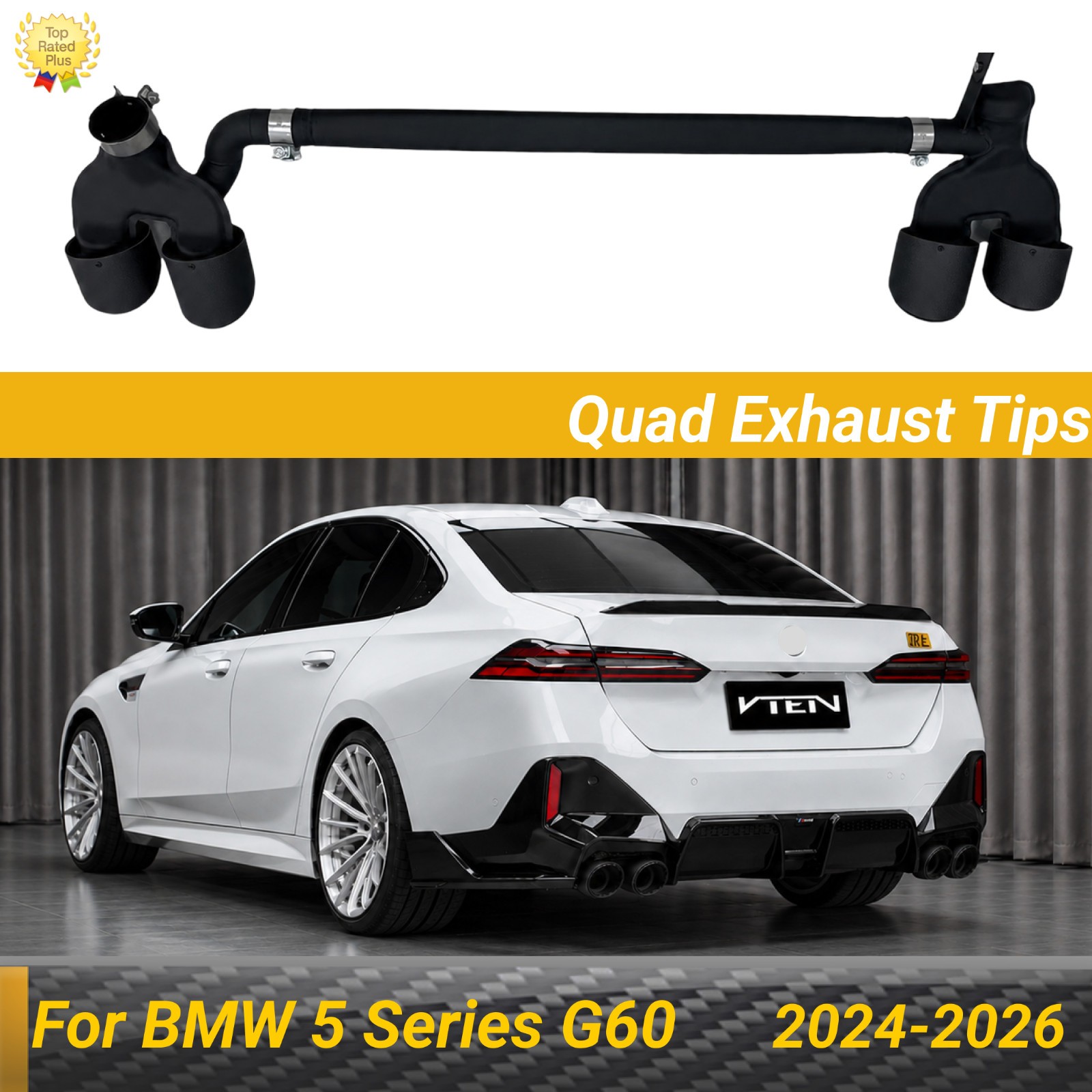 Fits 2024-2027 BMW 5 Series G60 VTEN Gloss Black Quad Exhaust Tips Rear Upgrade