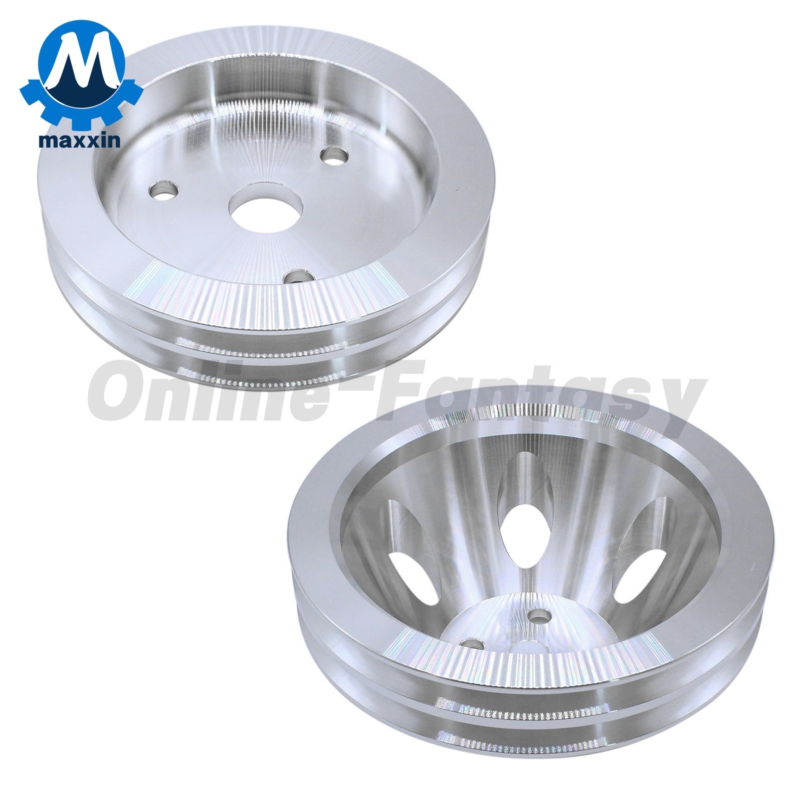 Polished Alum 2 Double Groove Short Water Pump Crank Pulley kit For SBC Chevy