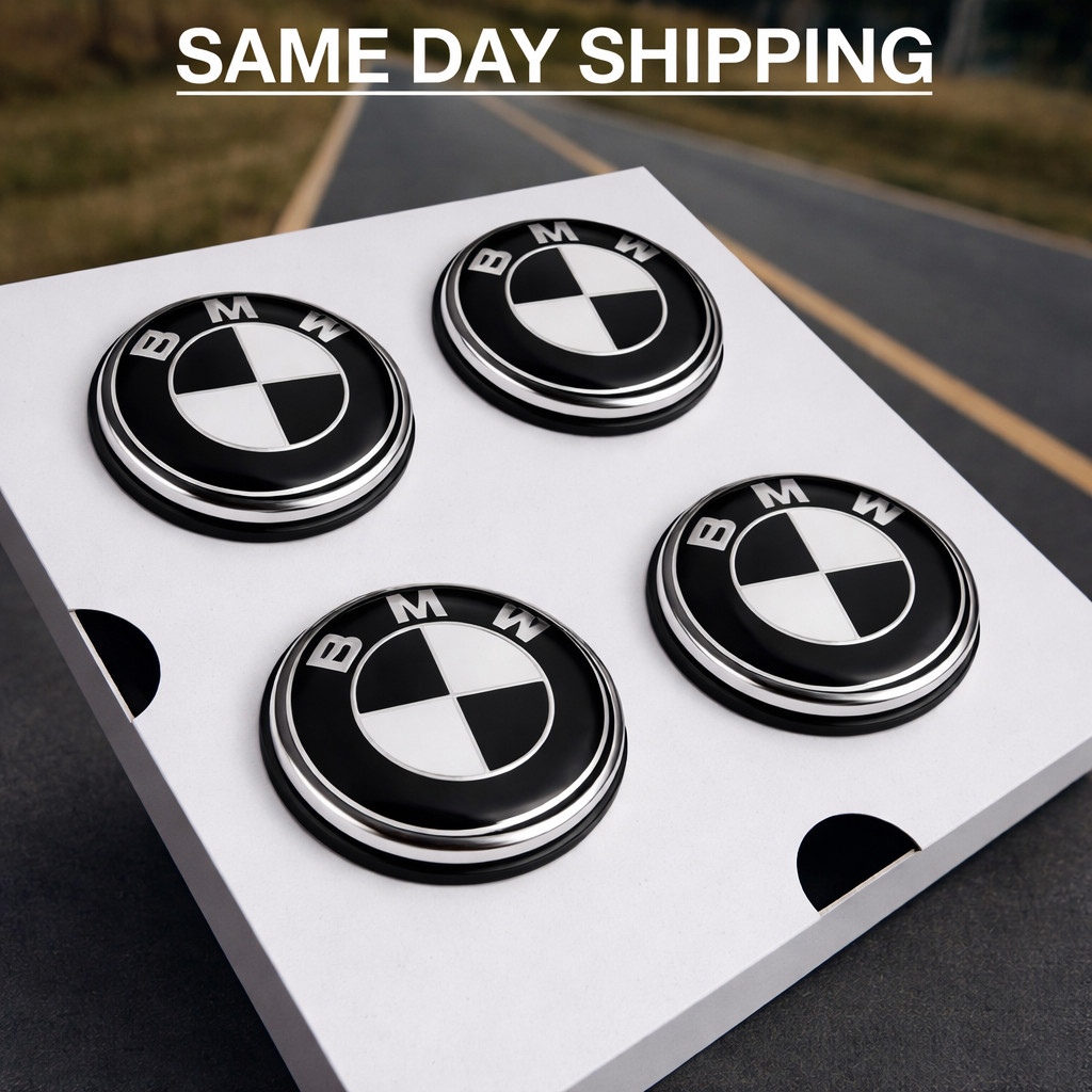 BMW 68mm Floating Center Caps Black White Self Leveling Wheel Hub Caps Set of 4